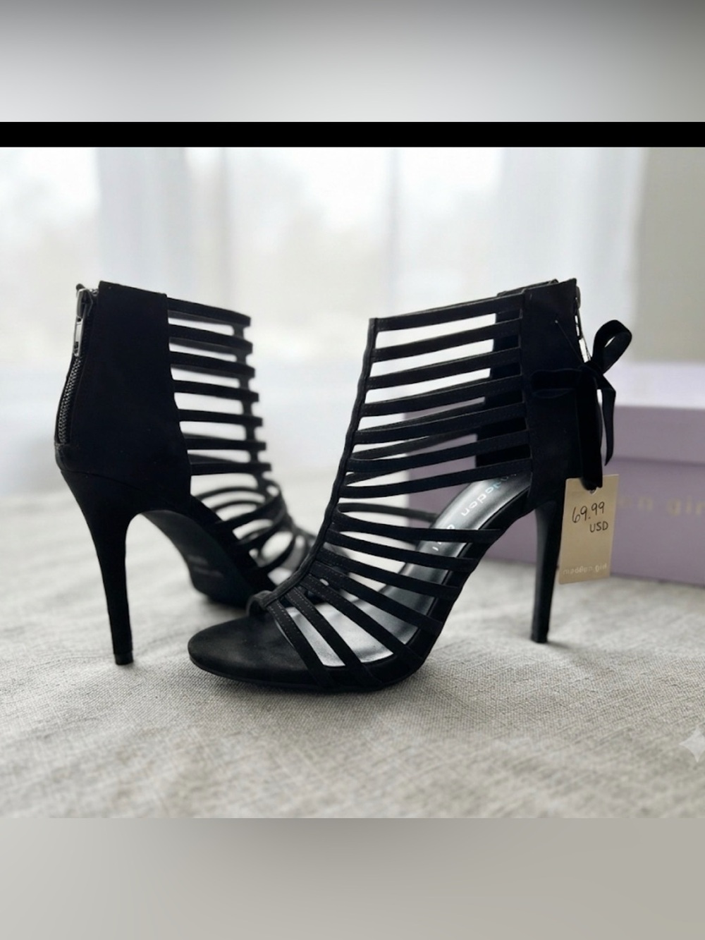 Madden Girl Lexxx Black Fabric Strappy Stiletto Heel Sandals - Size 8.5